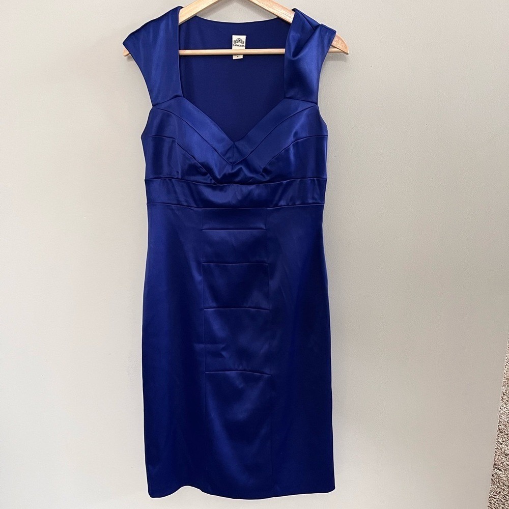 Sangria Royal Blue Satin Cocktail Dress Sweetheart Neck Sheath Size 8 AMLFX23I‎